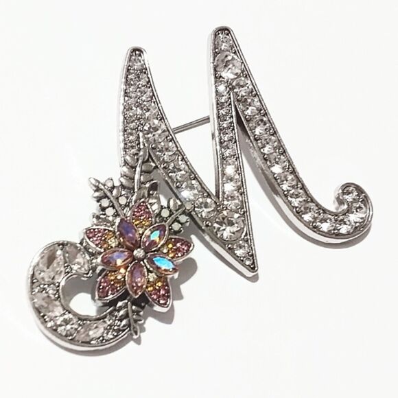 Vintage Silver Tone Script Initial M Brooch Clear & Pink Rhinestone Flower - Picture 1 of 5